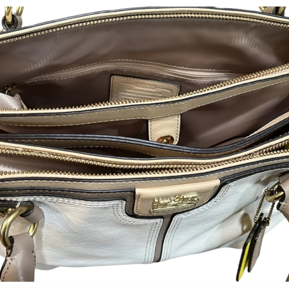 COACH EUC Madison Colorblock Kara Carryall beige/lime Leather Excellent LIKE new - Picture 7 of 11